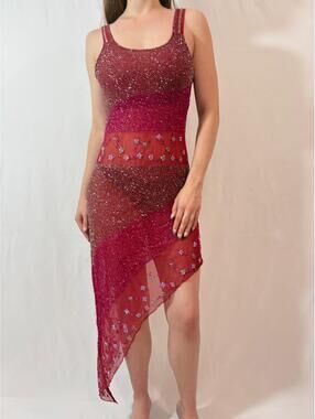 Vintage Sheer Gradient Beaded Asymmetrical Burgundy Formal Dress